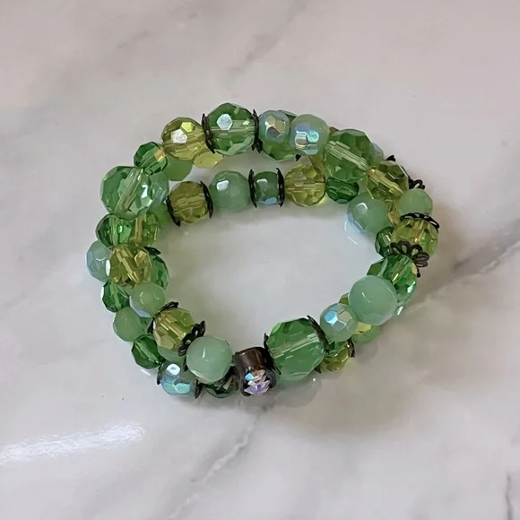 πΈ3/$25 Vintage Triple Strand Green Beaded Rhinestone Stretch Bracelet Faceted - Picture 8 of 16